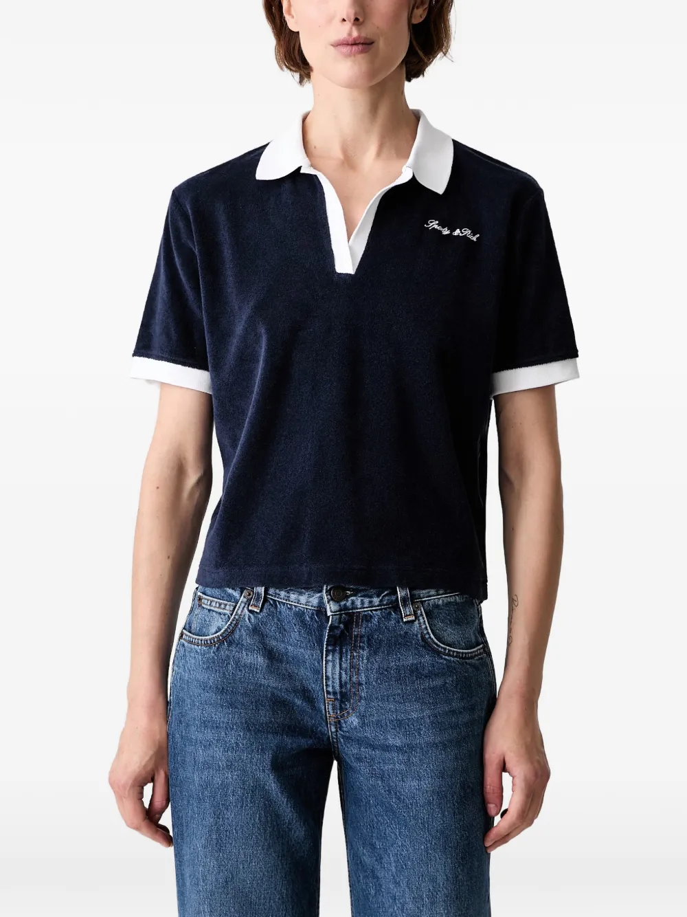 Sporty & Rich logo-embroidered towelling V-neck T-shirt - Blau