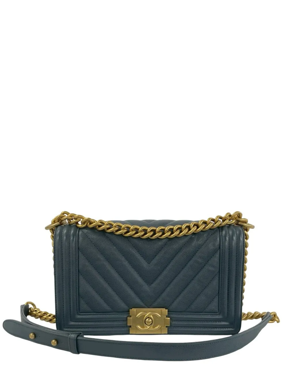 CHANEL Pre-Owned 2017-2018 Old Medium Chevron Calfskin Boy Flap crossbody bag - Blue