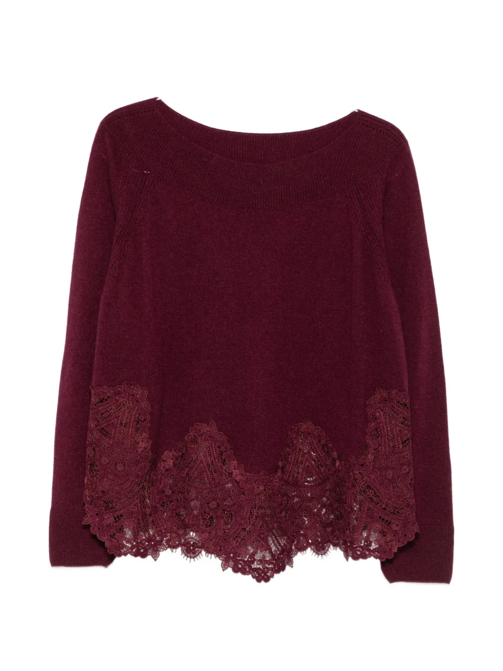 Ermanno Scervino Lace-embellished Boat-neck Sweater In Burgundy