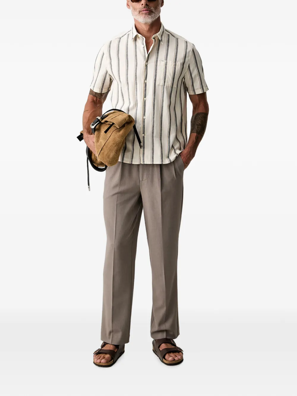 Barbour Barkend gestreept overhemd met korte mouwen Beige
