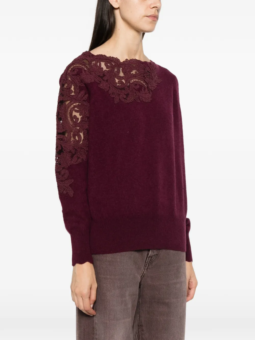 Ermanno Scervino Gebreide trui met boothals en kant Paars
