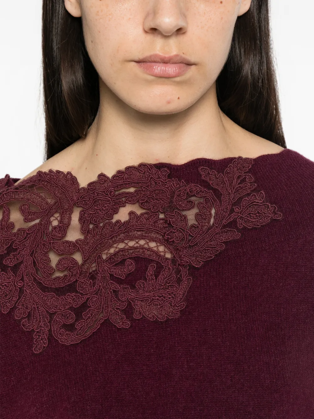 Ermanno Scervino Gebreide trui met boothals en kant Paars