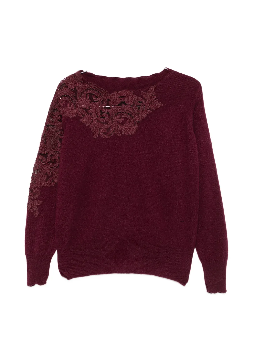 Ermanno Scervino Lace-embellished Boat-neck Knit In Burgundy