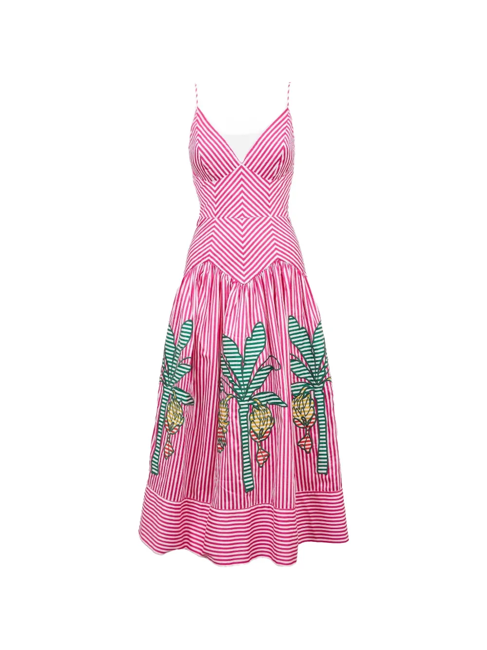 FARM Rio palm tree-embroidered striped midi dress - Rosa