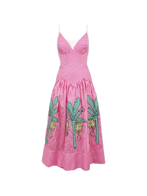 FARM Rio palm tree-embroidered striped midi dress