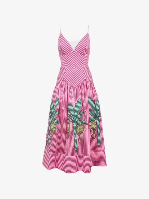 FARM Rio palm tree-embroidered striped midi dress