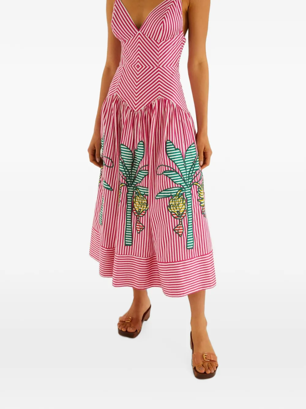 FARM Rio palm tree-embroidered striped midi dress