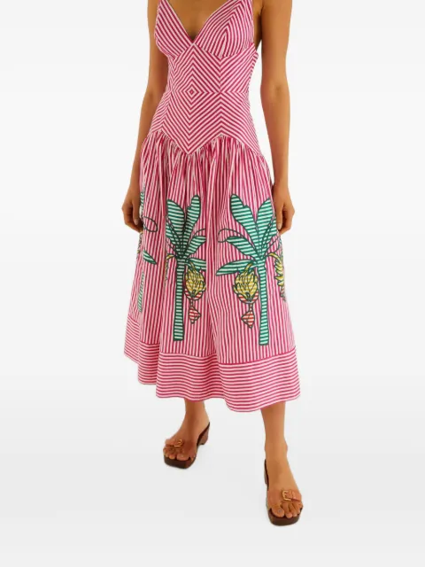 FARM Rio palm tree-embroidered striped midi dress