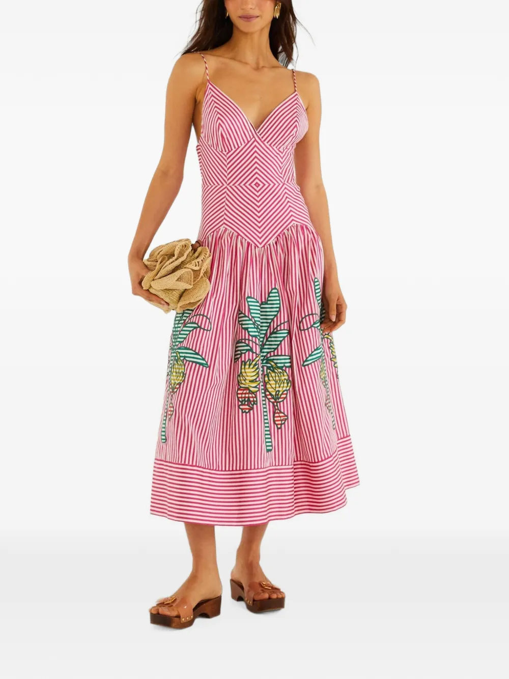FARM Rio palm tree stripes cutwork organic cotton midi dress