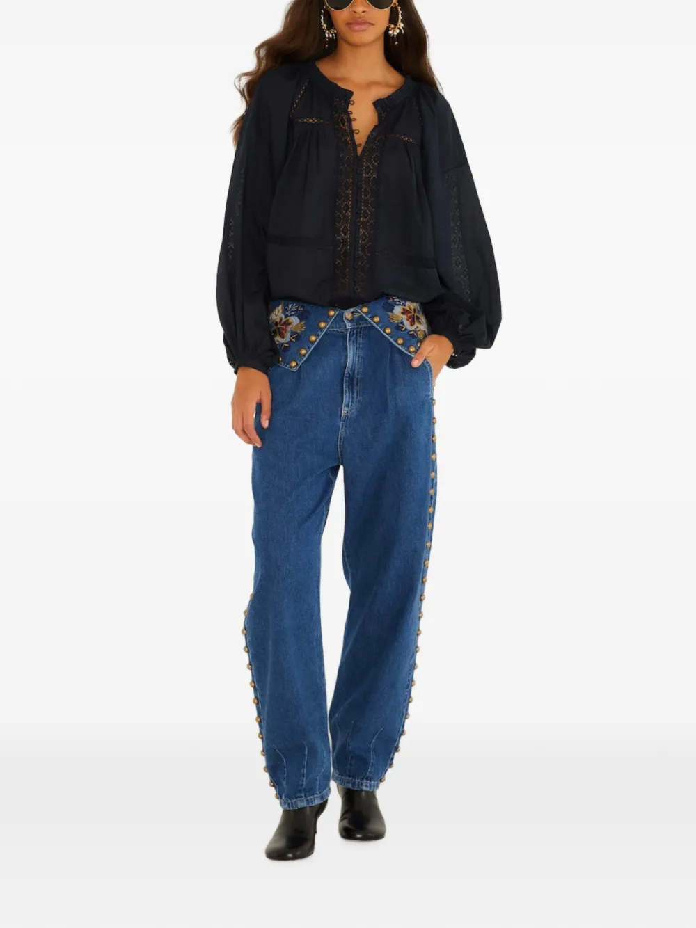 FARM Rio Jeans met toelopende pijpen en geborduurde bloemen Blauw