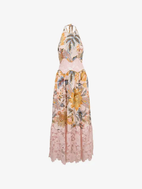 FARM Rio vestido largo con panel de encaje y estampado floral