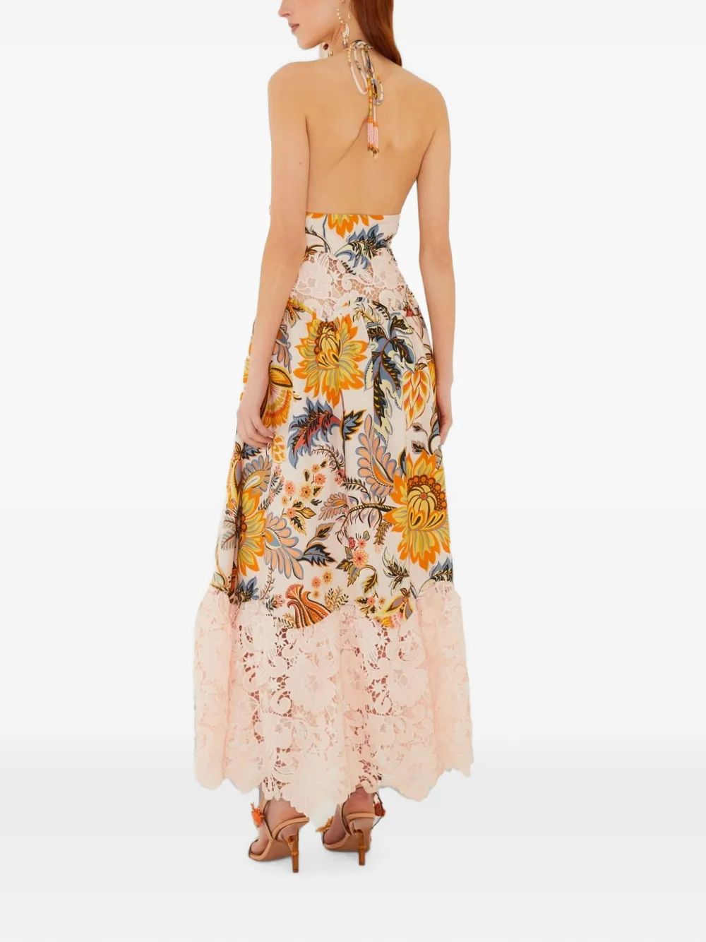 FARM Rio Maxi-jurk met bloemen-print en kanten vlak Roze