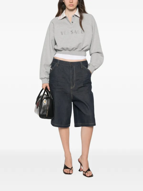 VERSACE - Versace クロップド丈 トレーナー Versace logo-embroidered Cropped Sweatshirt | Grey | FARFETCH