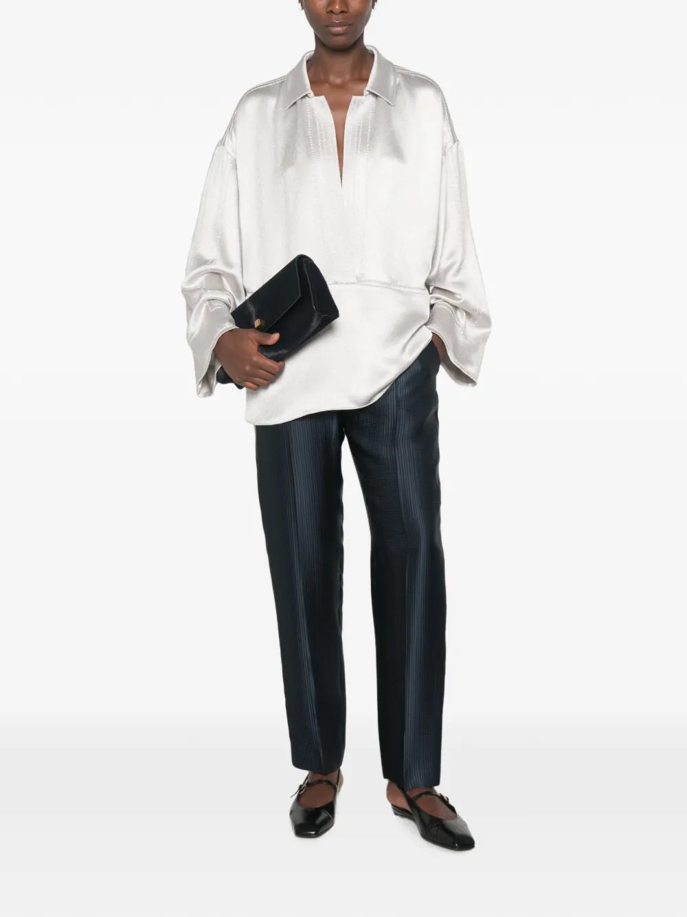 Giorgio Armani V-neck Long-sleeve Blouse in Silver, view 2