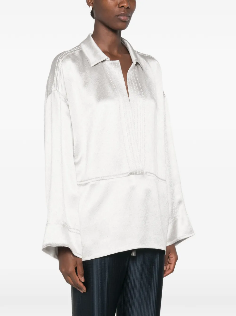 Giorgio Armani V-neck Long-sleeve Blouse in Silver, view 3
