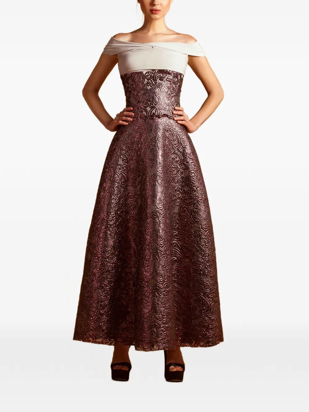 Gemy Maalouf Metallic off-shoulder top met guipurekant Paars