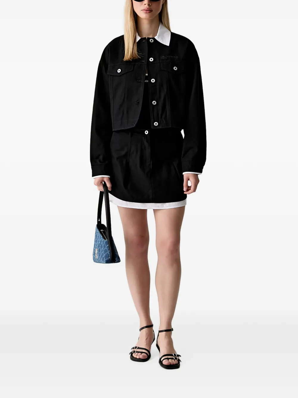 Karl Lagerfeld Jeans logo-embroidered cropped denim jacket Zwart