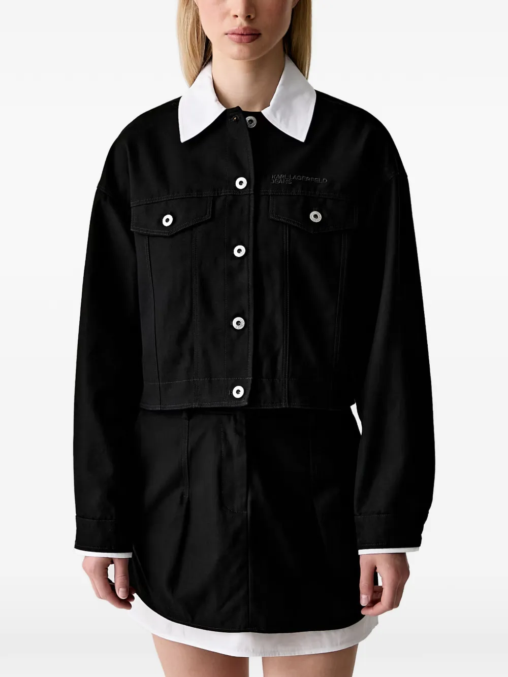 Karl Lagerfeld Jeans logo-embroidered cropped denim jacket - Nero
