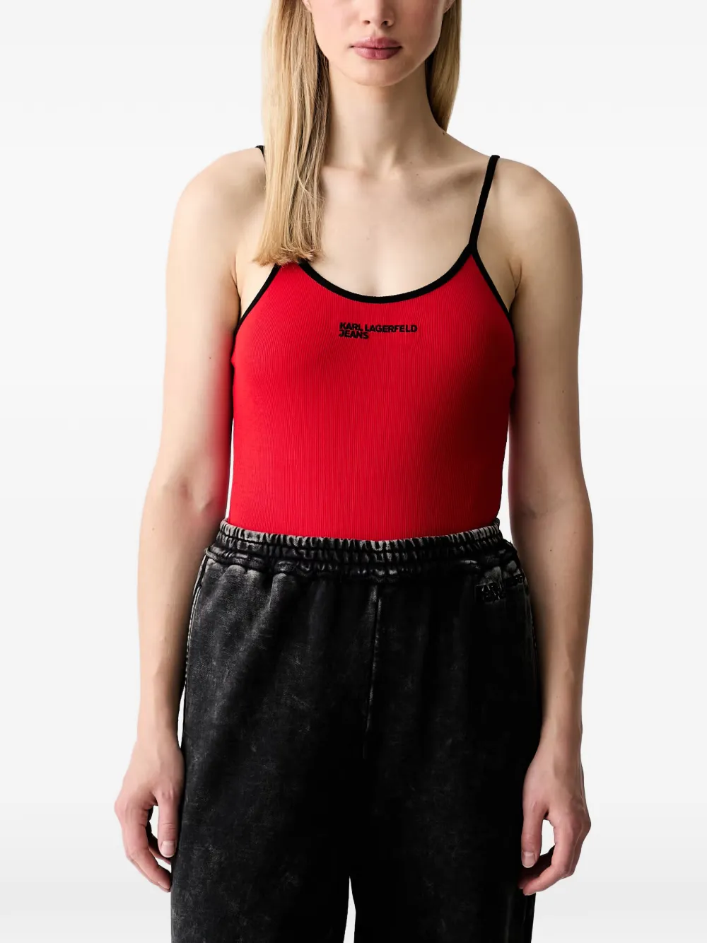 Karl Lagerfeld Jeans Logo-print Ribbed Bodysuit In Red