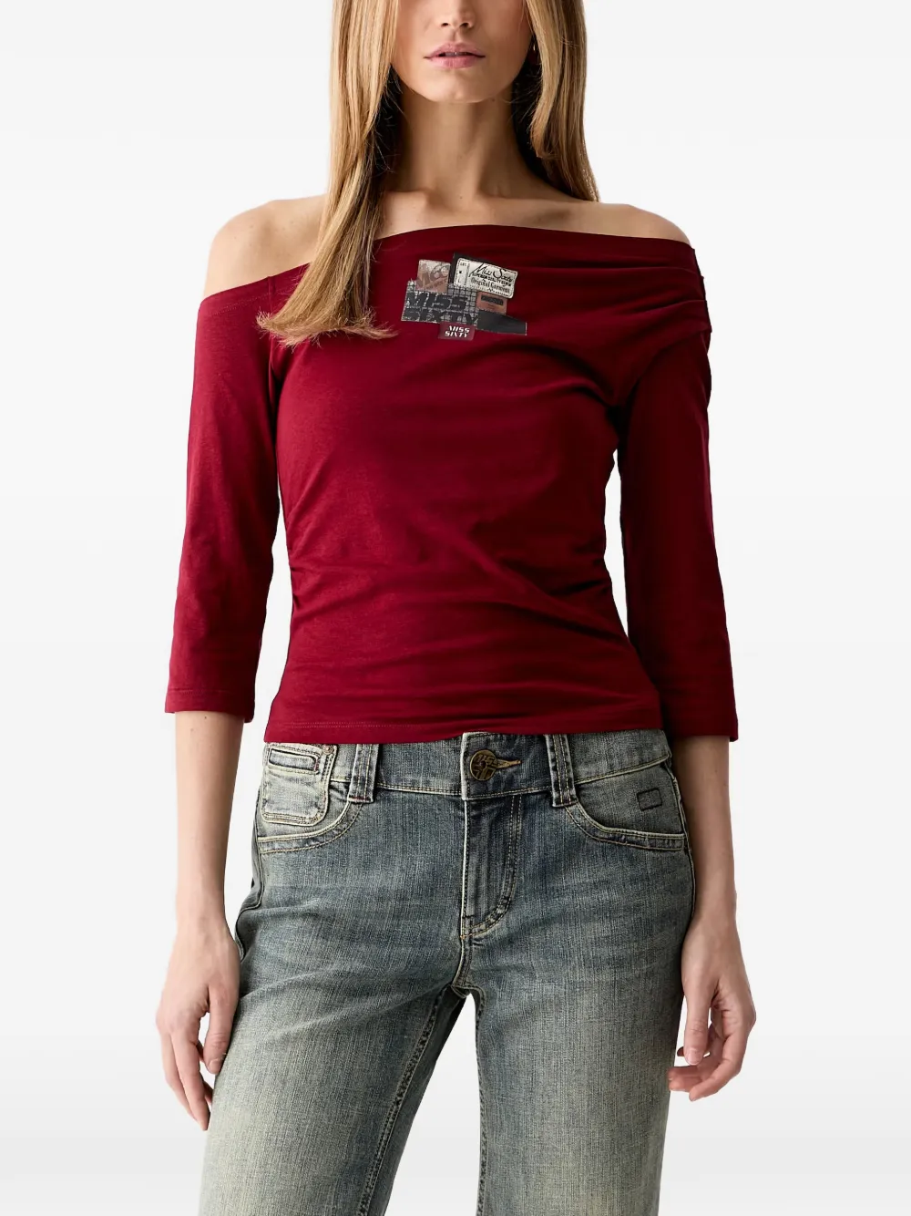 Miss Sixty Logo-patch Off-shoulder T-shirt In Burgundy