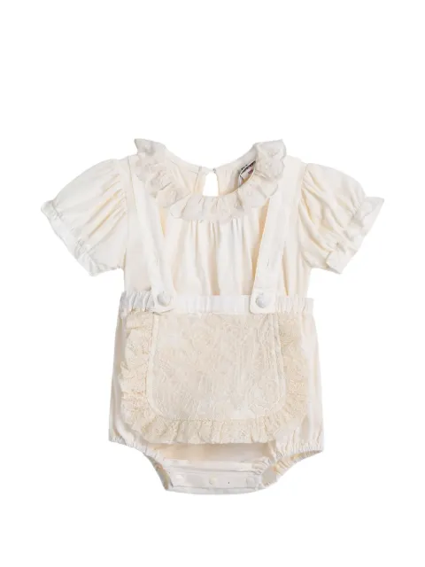 andBlue lace-detail ruffled romper