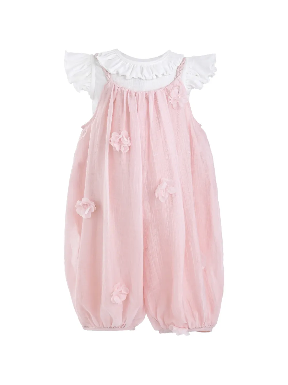 Mimi Tutu floral-appliqué ruffled-collar romper set - Pink