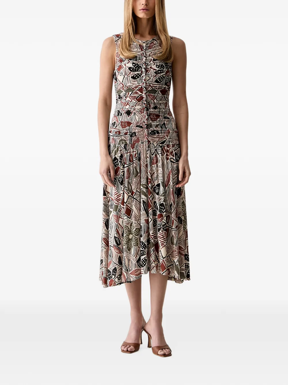 FARM Rio abstract-print ruched midi dress - Neutrals