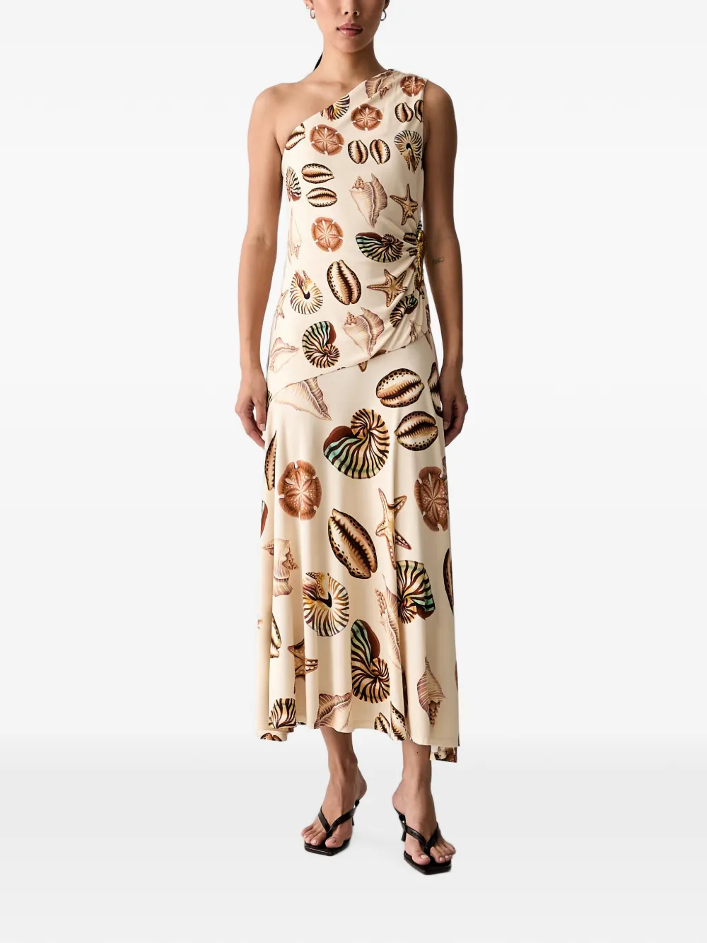 FARM Rio seashell-print one-shoulder midi dress - Neutrals