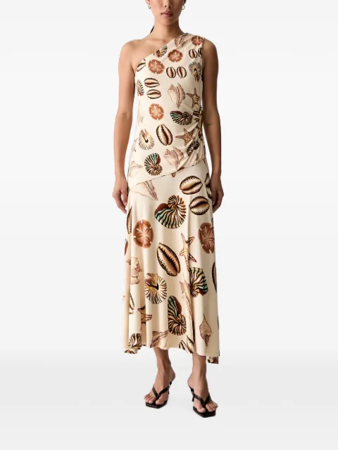 FARM Rio vestido midi con hombro descubierto y conchas de mar estampadas