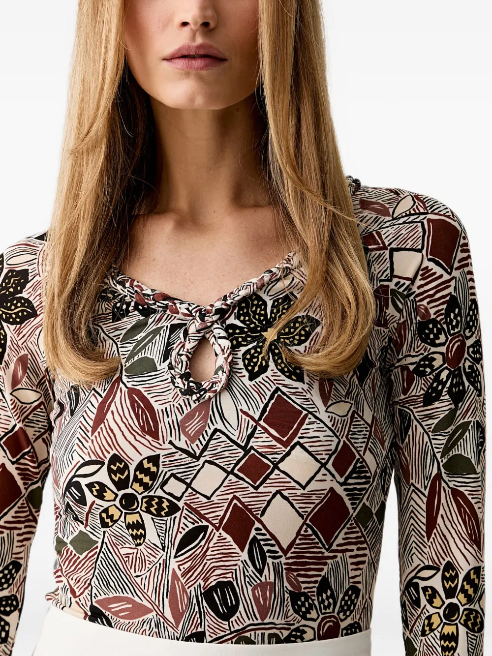 FARM Rio floral-print keyhole-neck T-shirt Beige