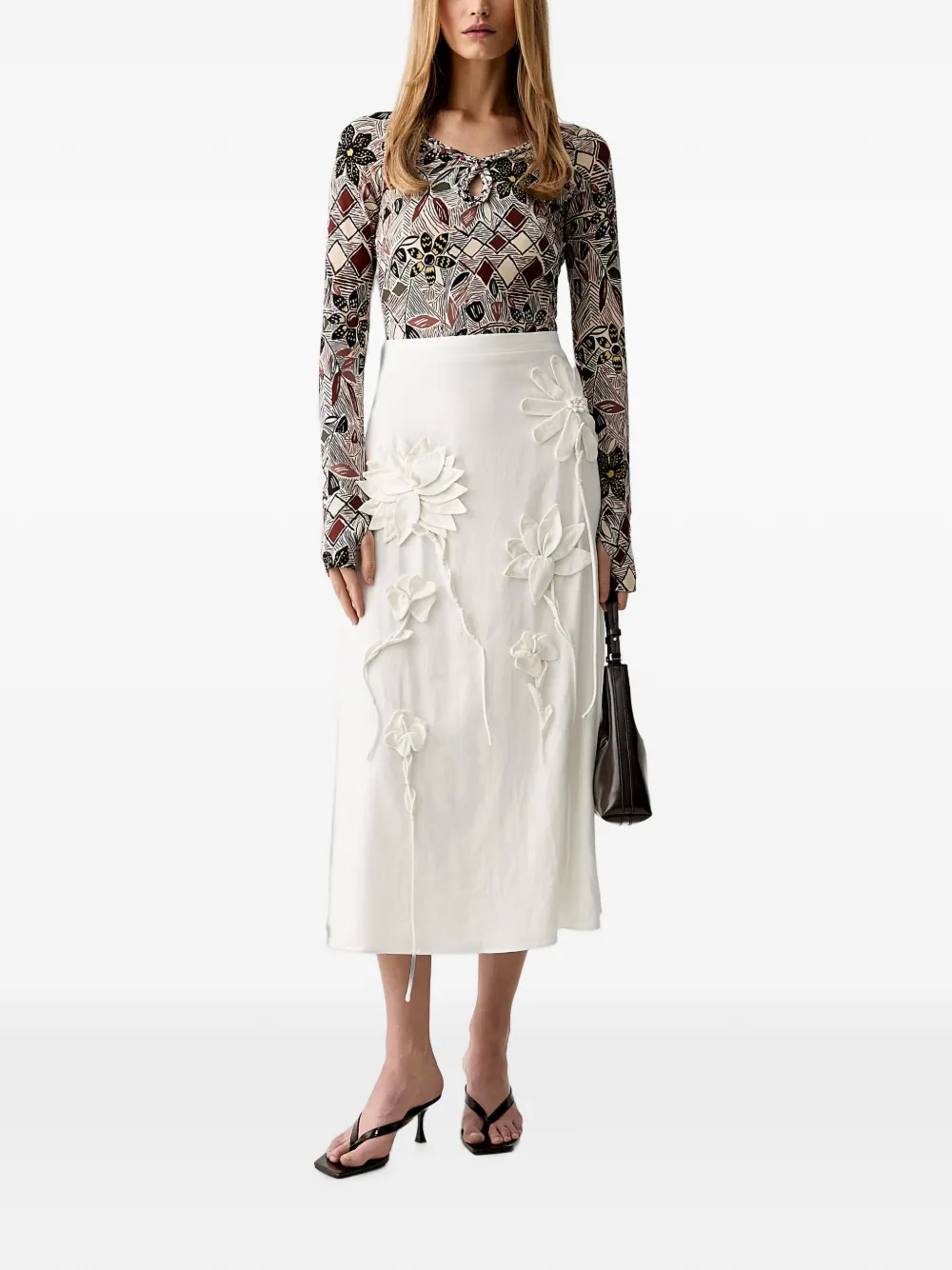 FARM Rio floral-print keyhole-neck T-shirt Beige