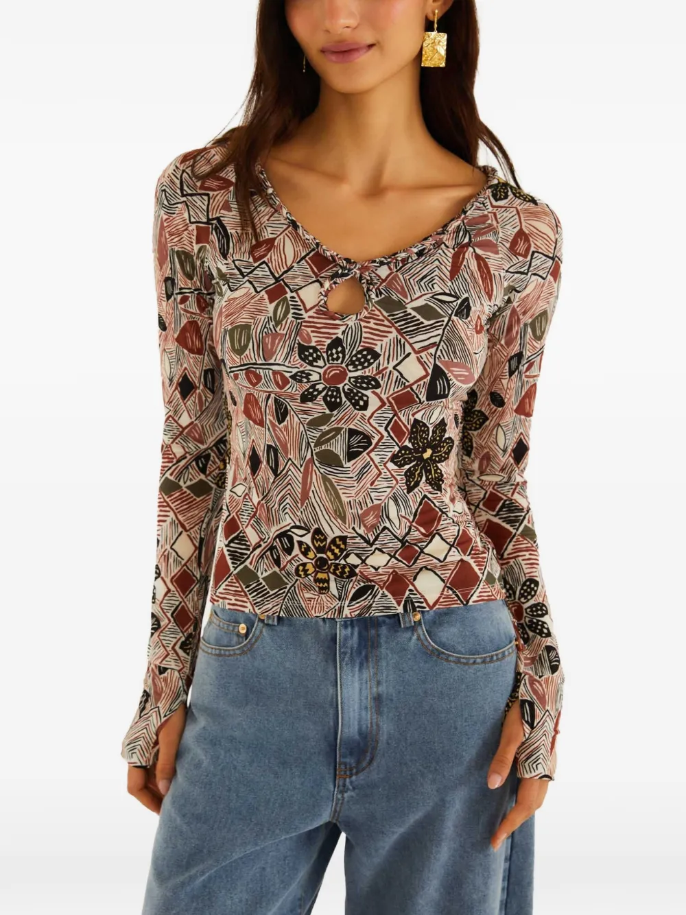 FARM Rio T-shirt met bloemenprint en keyhole-hals Beige