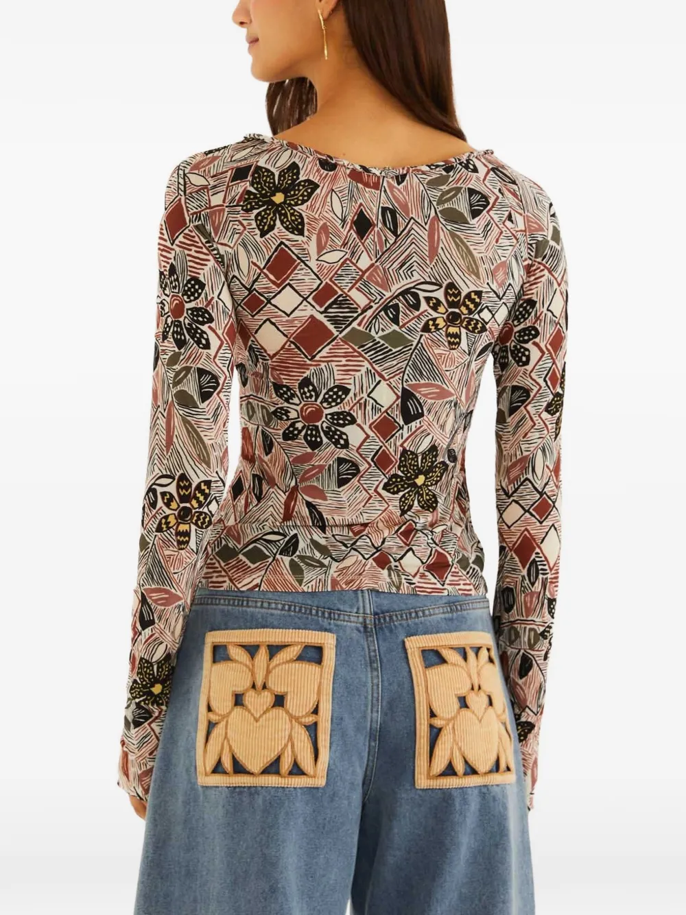 FARM Rio T-shirt met bloemenprint en keyhole-hals Beige