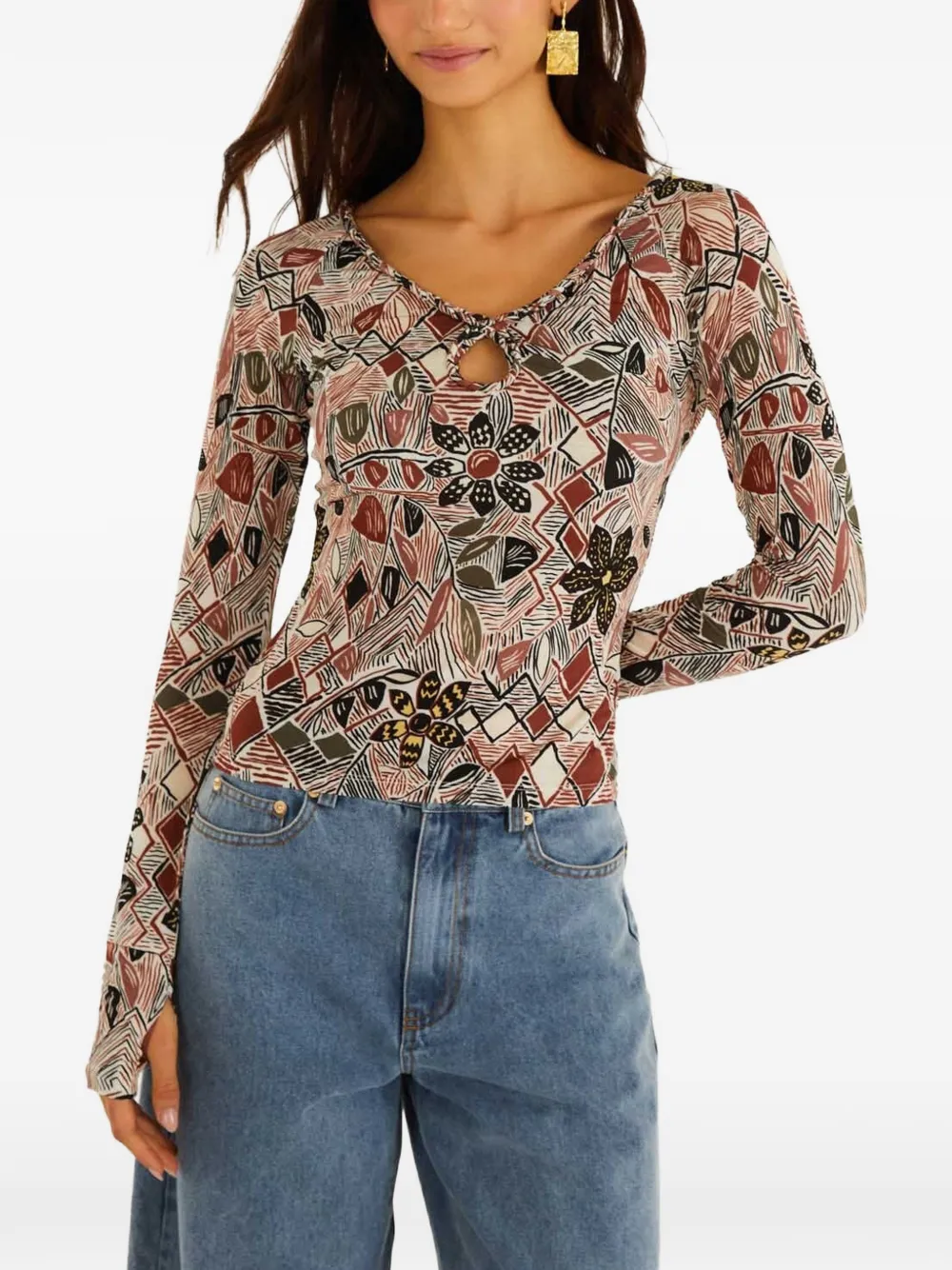 FARM Rio T-shirt met bloemenprint en keyhole-hals Beige