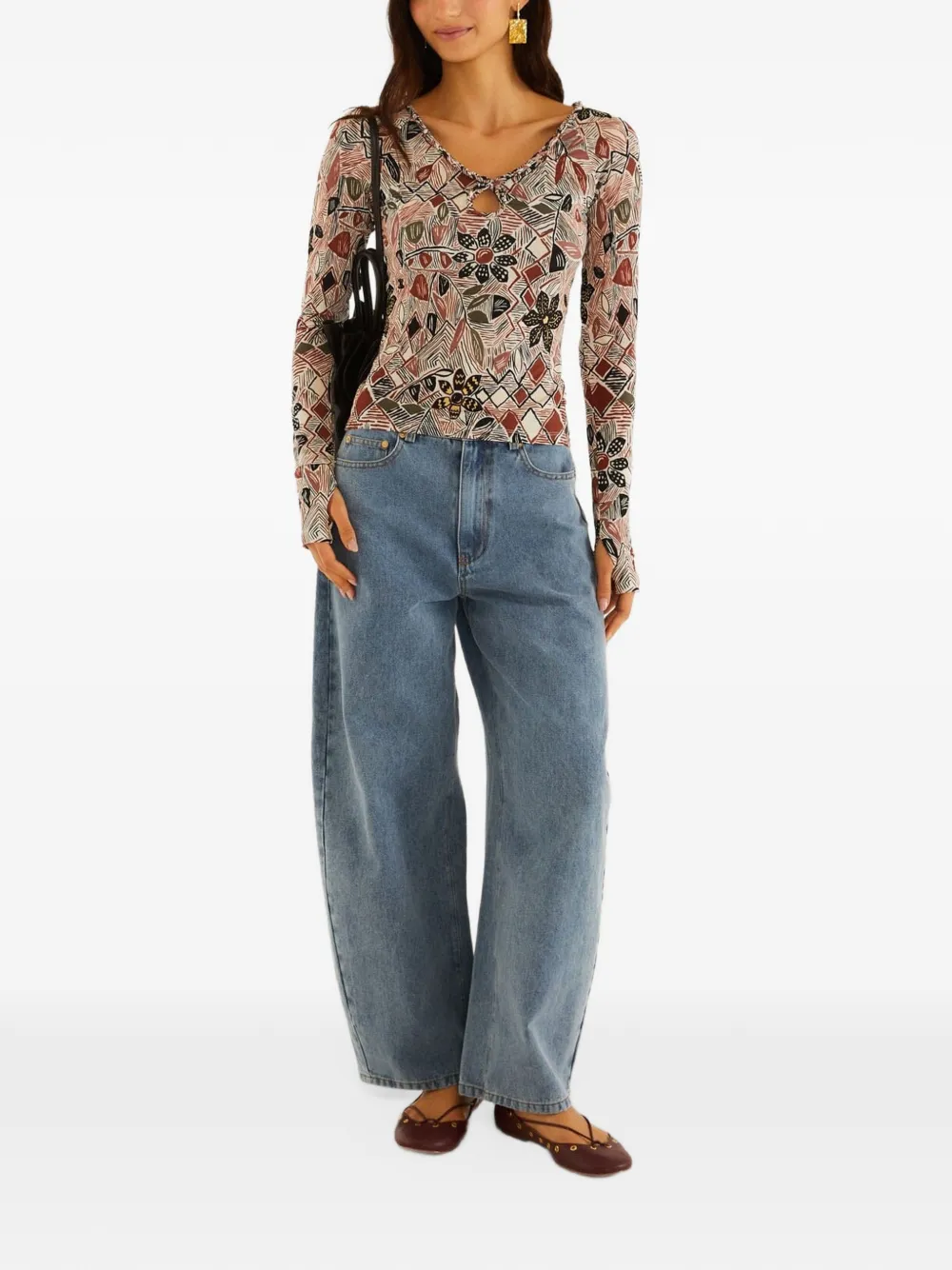 FARM Rio T-shirt met bloemenprint en keyhole-hals Beige