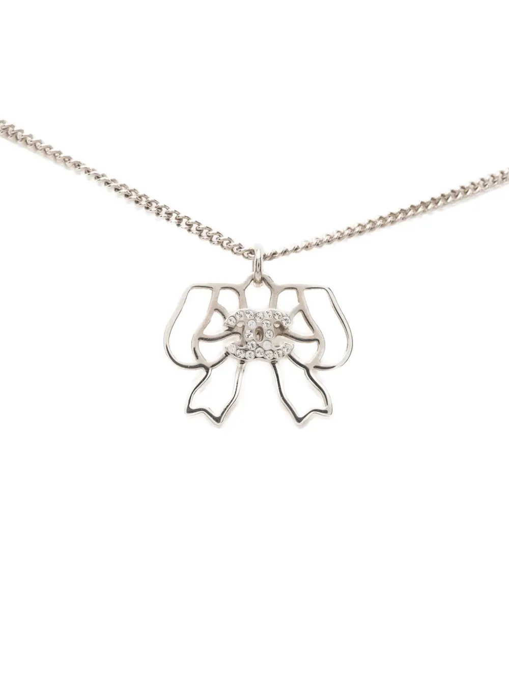 CHANEL Pre-Owned 2018 CC Brass Strass Bow Pendant Necklace costume necklace - Silver
