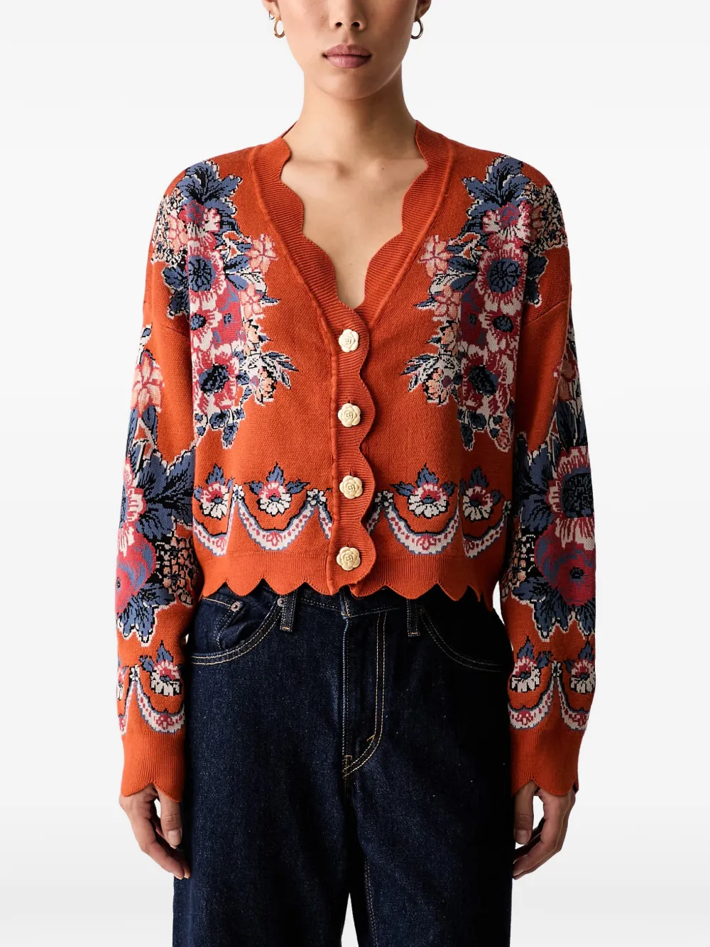 FARM Rio floral-intarsia scallop-edge cardigan - Orange