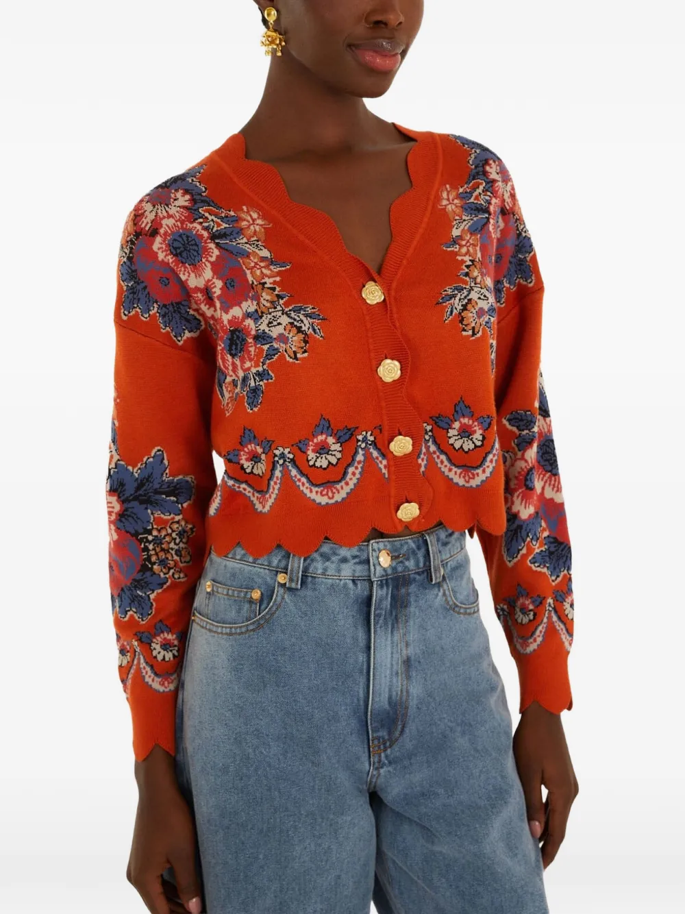 FARM Rio floral-intarsia scallop-edge cardigan - Arancione