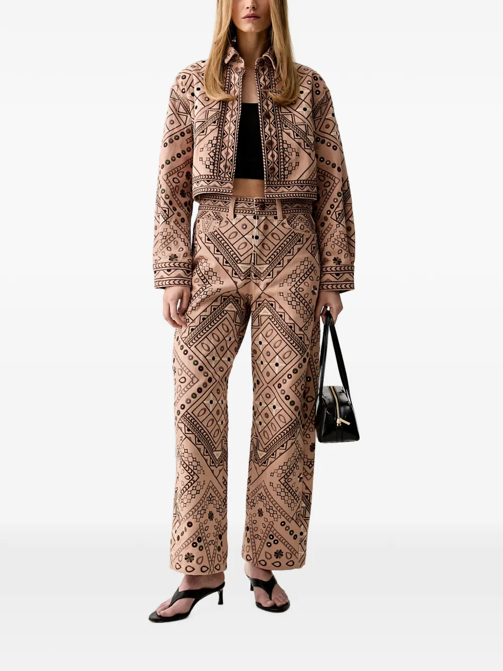 FARM Rio Straight broek met geometrisch borduurwerk Beige