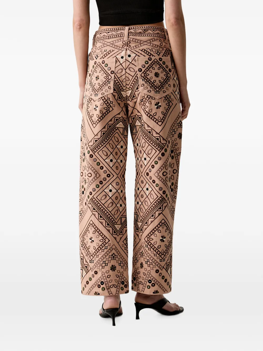 FARM Rio Straight broek met geometrisch borduurwerk Beige
