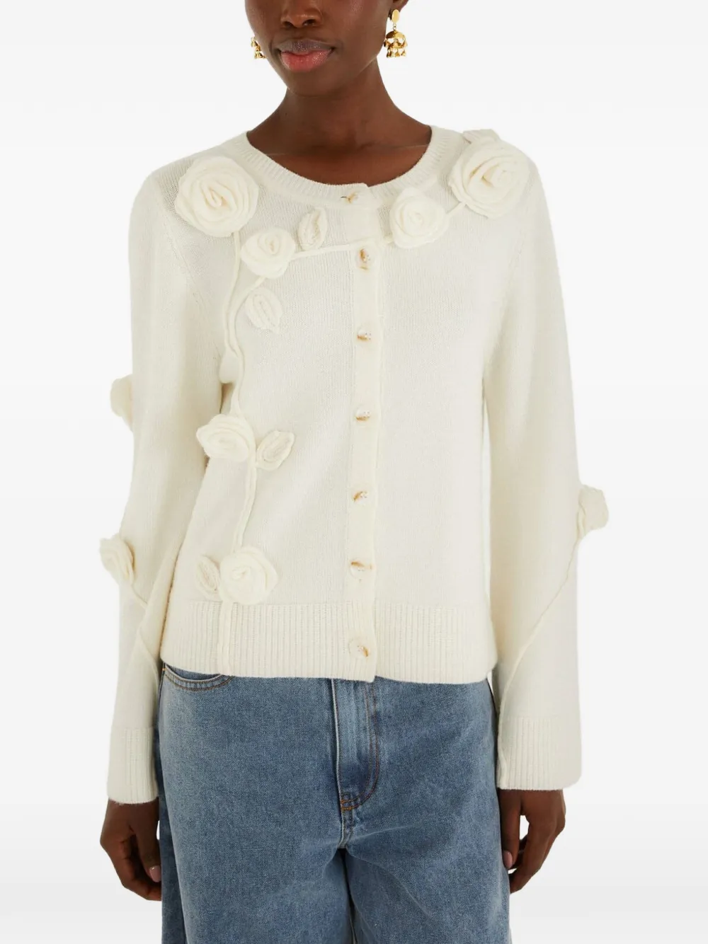FARM Rio floral-appliqué button-up cardigan - Toni neutri