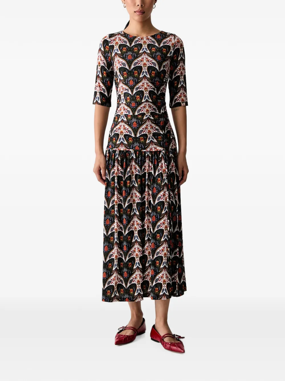 FARM Rio graphic-print gathered midi dress - Nero