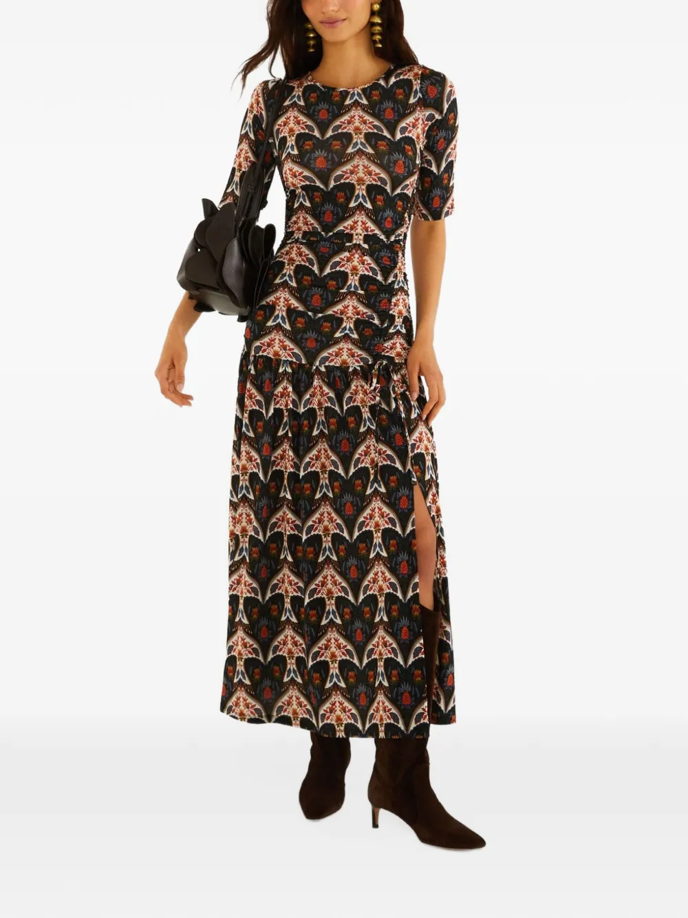 FARM Rio graphic-print gathered midi dress - Nero