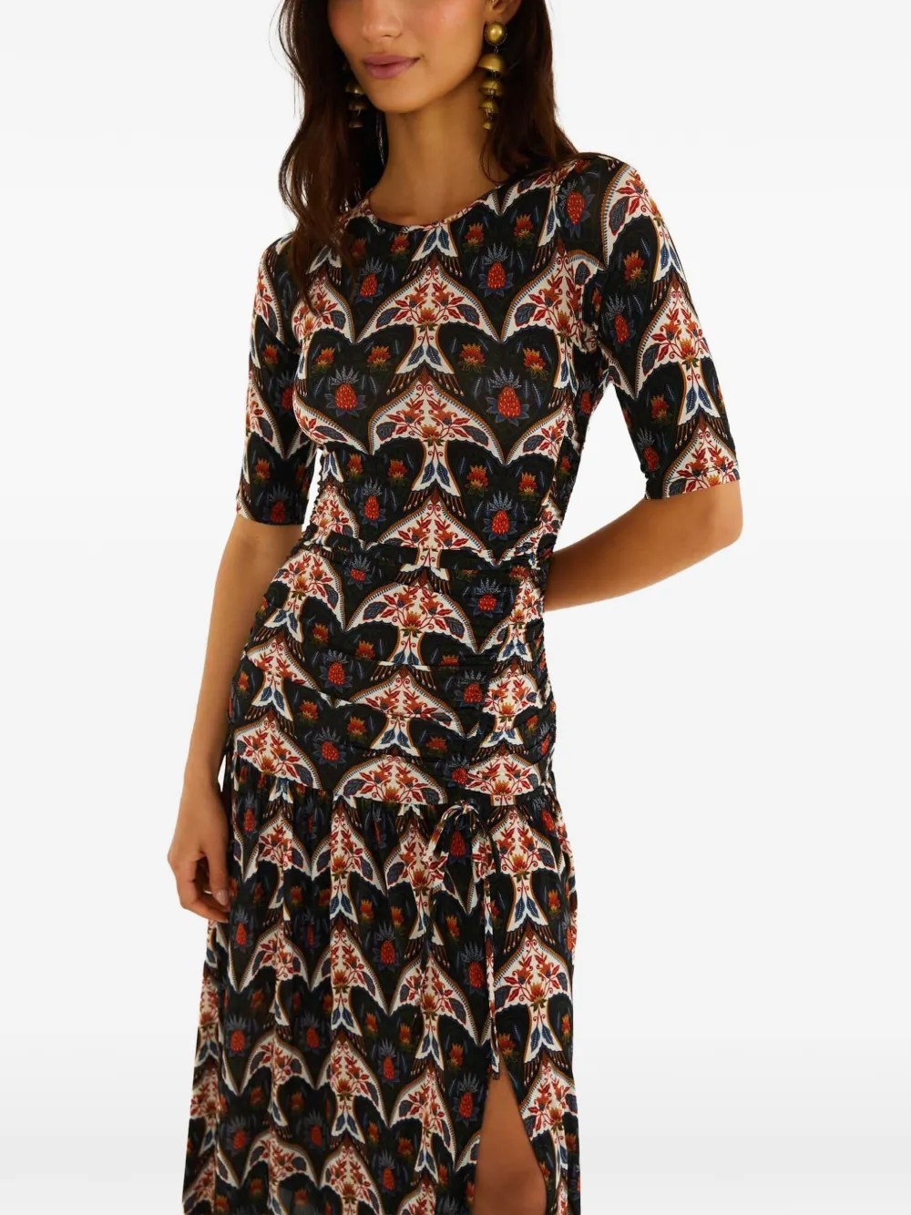FARM Rio graphic-print gathered midi dress - Black
