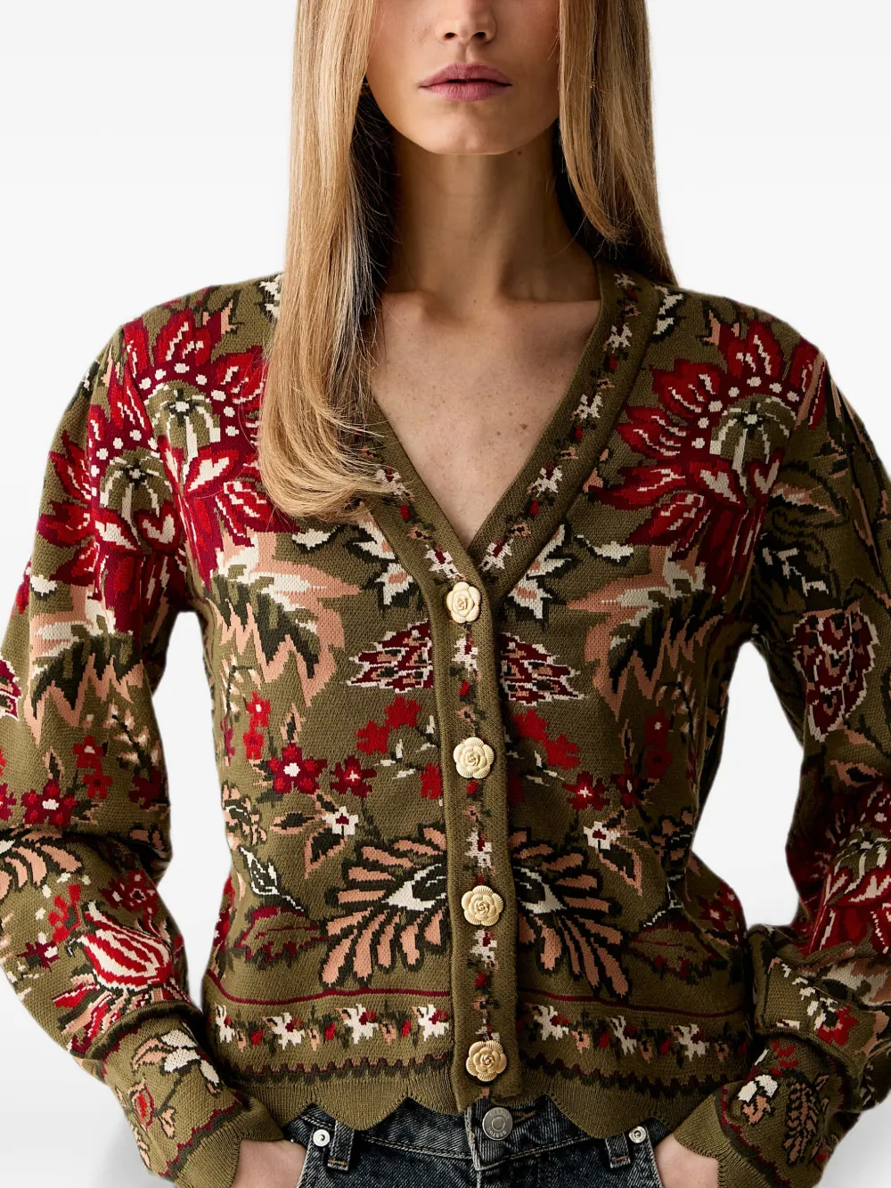 FARM Rio Vest met gewelfde zoom en bloemen-patroon Groen