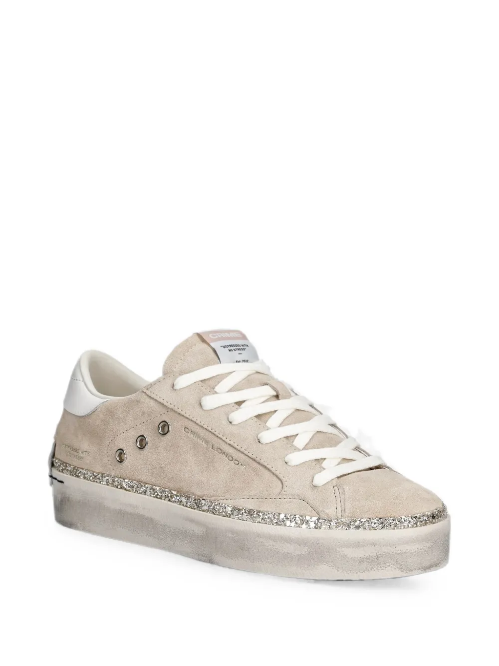 Crime London Distressed glitter-trim sneakers Beige