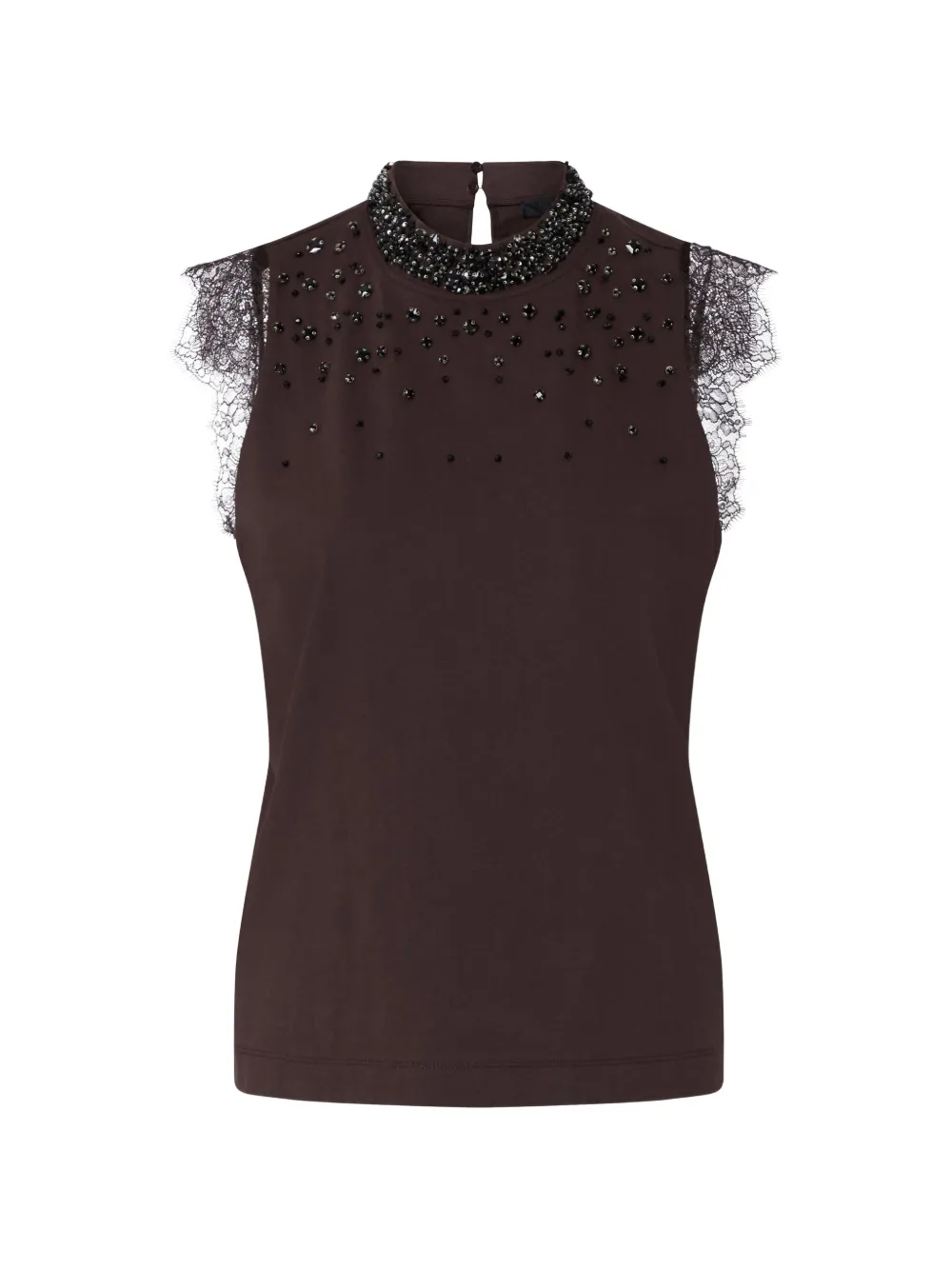 Liu •jo Lace-trim Rhinestone-embellished T-shirt In Brown