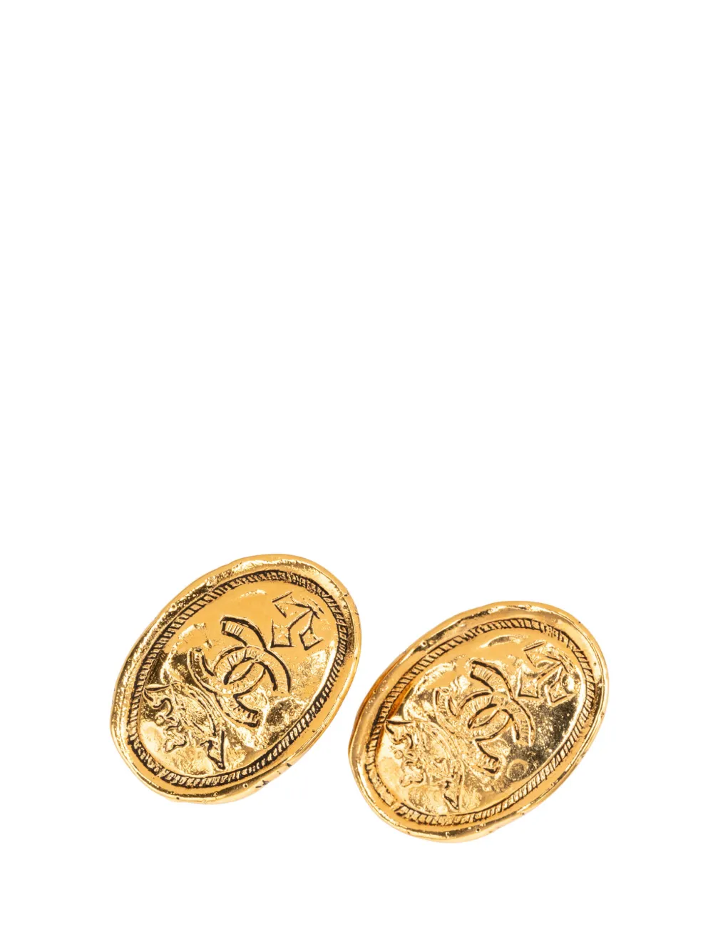 CHANEL Pre-Owned 1980-1990 CC Gold Plated Crown Oval Clip On Earrings costume earrings