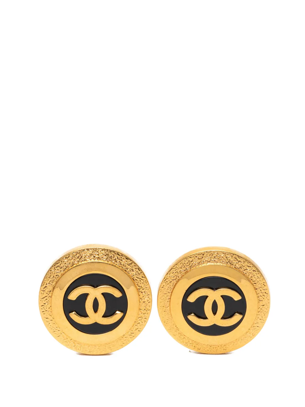 CHANEL Pre-Owned 1980-1990 CC Gold Plated Resin Round Button Clip On Earrings costume earrings - Black