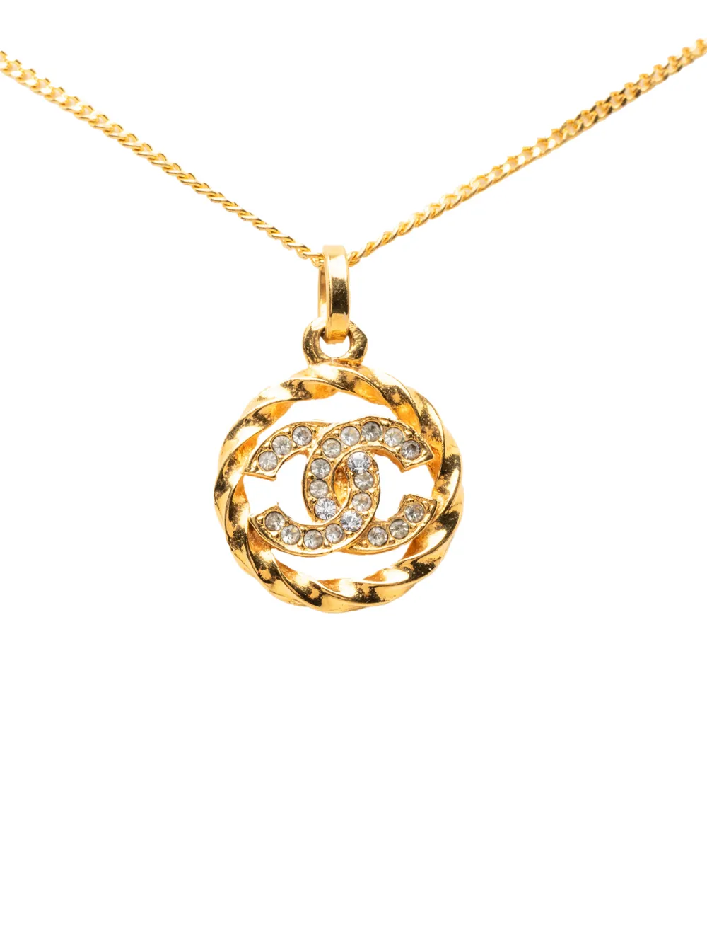 CHANEL Pre-Owned 1970-1980 CC Gold Plated Strass Round Pendant Necklace costume necklace